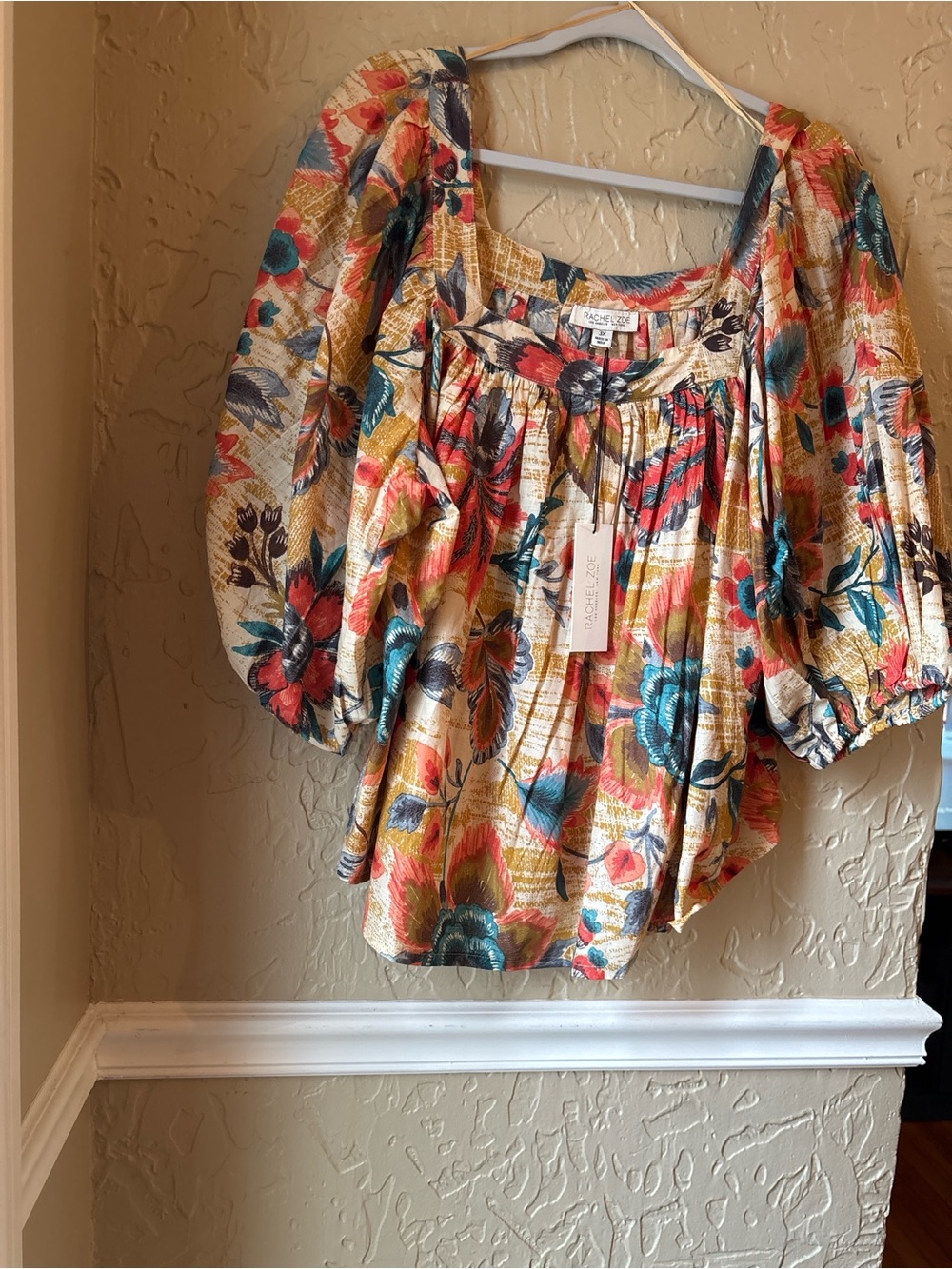 Rachel Zoe Floral Puff-Sleeve Square-Neck Top - NWT